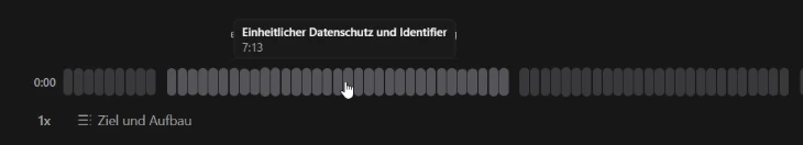 The Kalima audio player: small gaps split the waveform into chapters, and hovering shows the chapter title and the time under the pointer