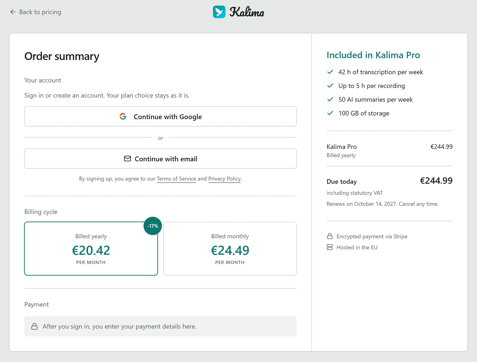 The checkout page: your account, yearly or monthly billing and payment, next to what Kalima Pro includes and the amount due today