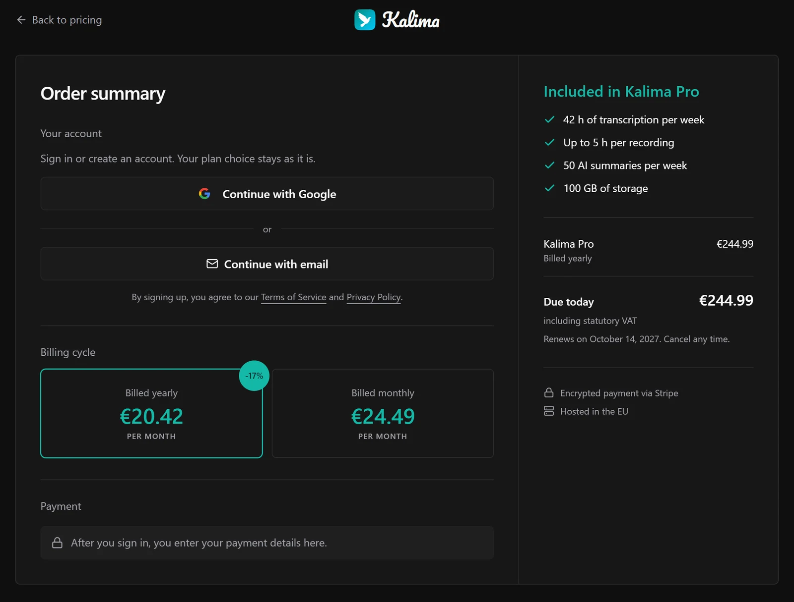 The checkout page: your account, yearly or monthly billing and payment, next to what Kalima Pro includes and the amount due today