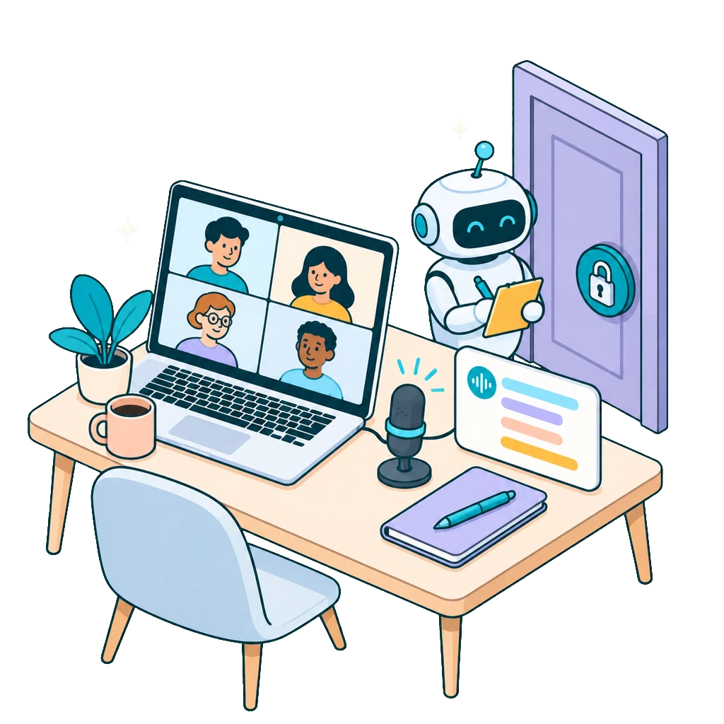 Laptop in a video call, a notetaker robot outside a locked door, a microphone beside it