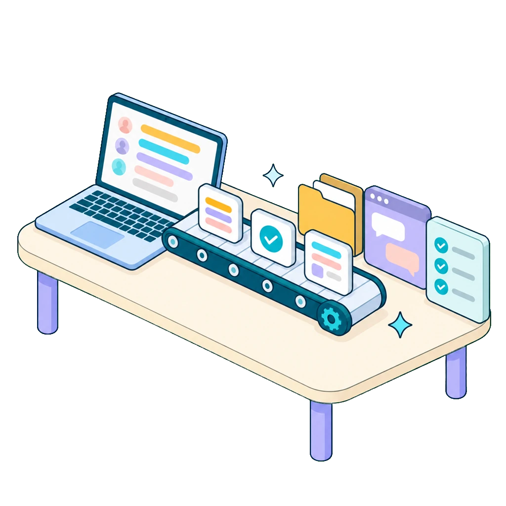 Laptop with a transcript on a desk, a conveyor belt carrying summary, task and document cards to a folder, a chat window and a task list