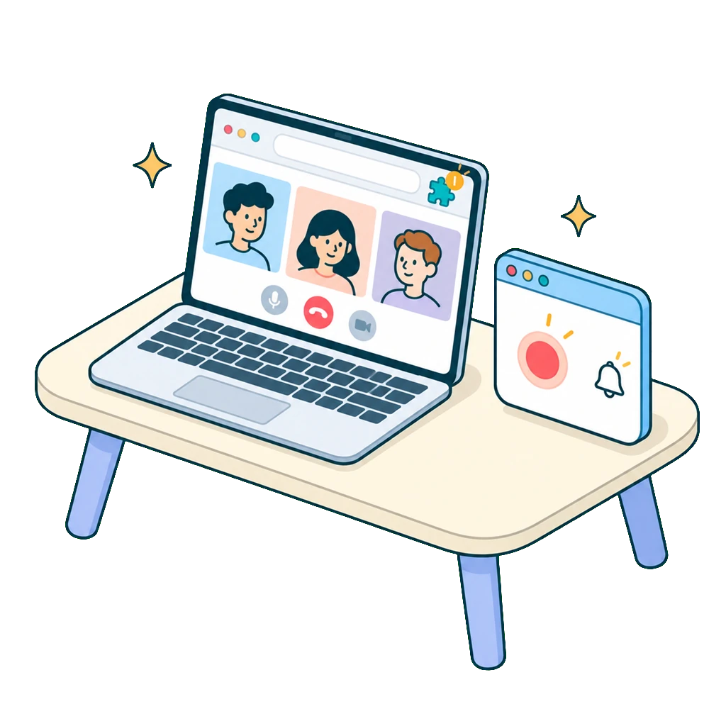 Laptop with a video call in the browser and a highlighted extension icon, next to a small app window with a lit record button