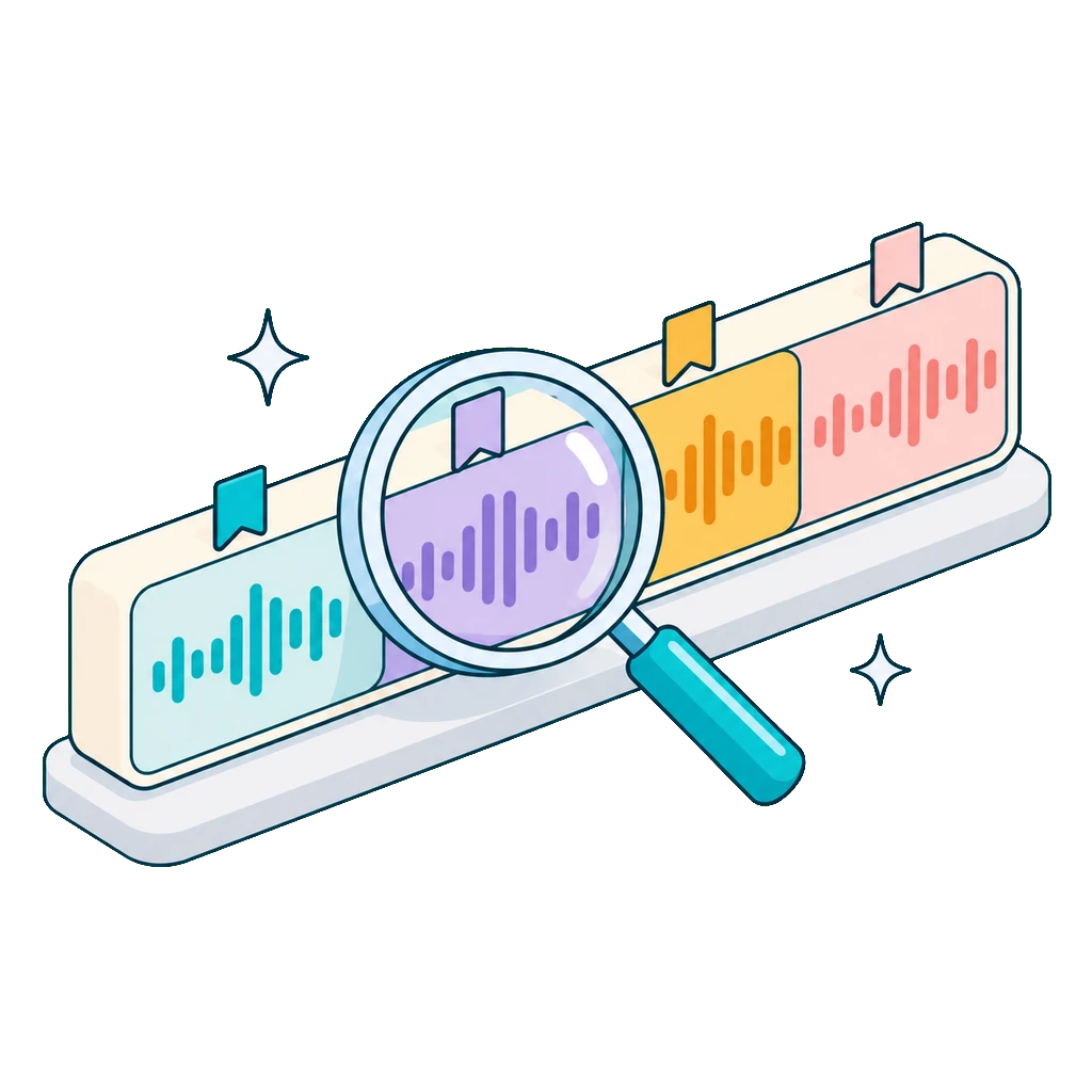 Long audio timeline in coloured chapters with bookmarks and a magnifying glass