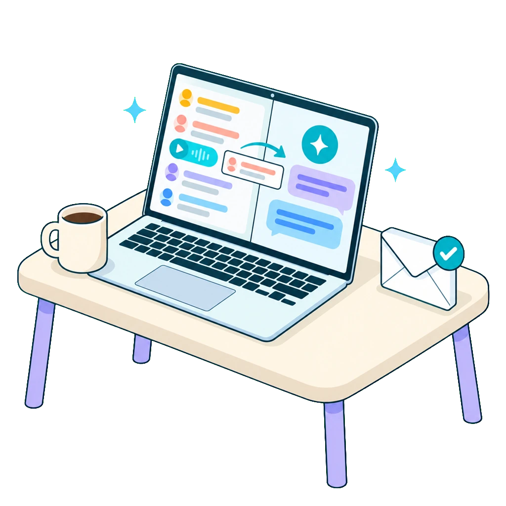 Laptop showing a transcript beside an AI chat panel, a transcript card moving into the chat, and a checked envelope next to it