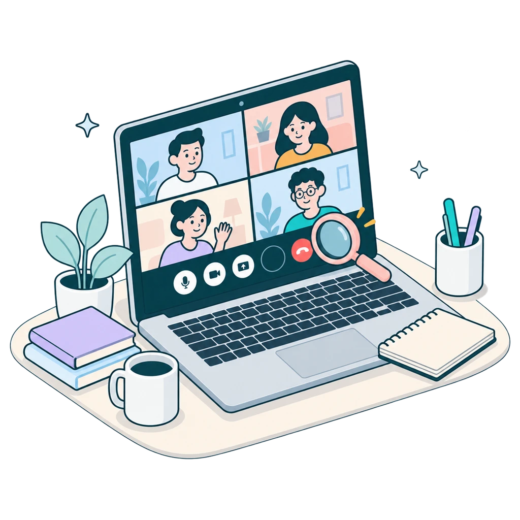Laptop im Videocall, eine Lupe über der Symbolleiste