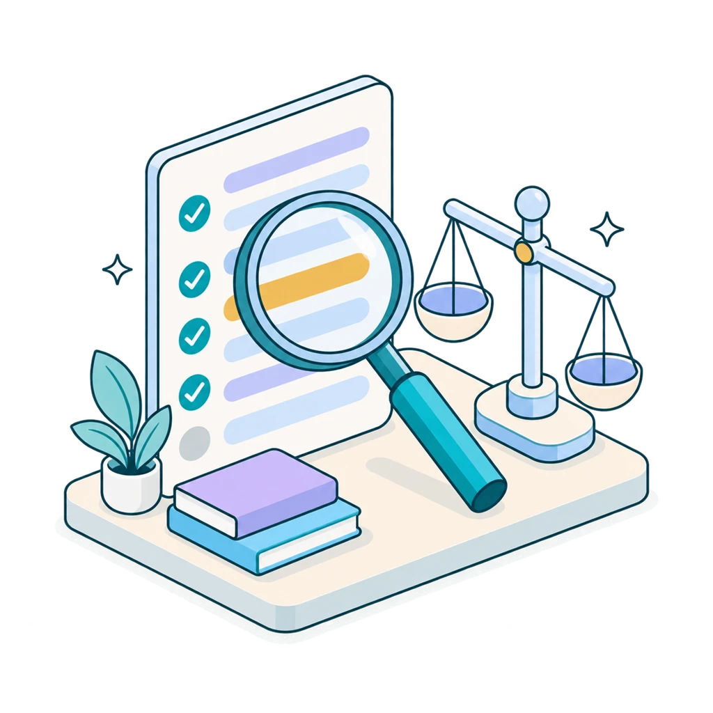 Transcript under a magnifying glass highlighting one line, a balance scale beside it