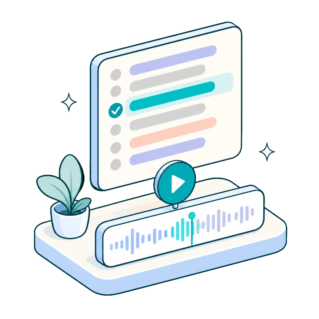 Transcript with a highlighted line above an audio timeline with a play button