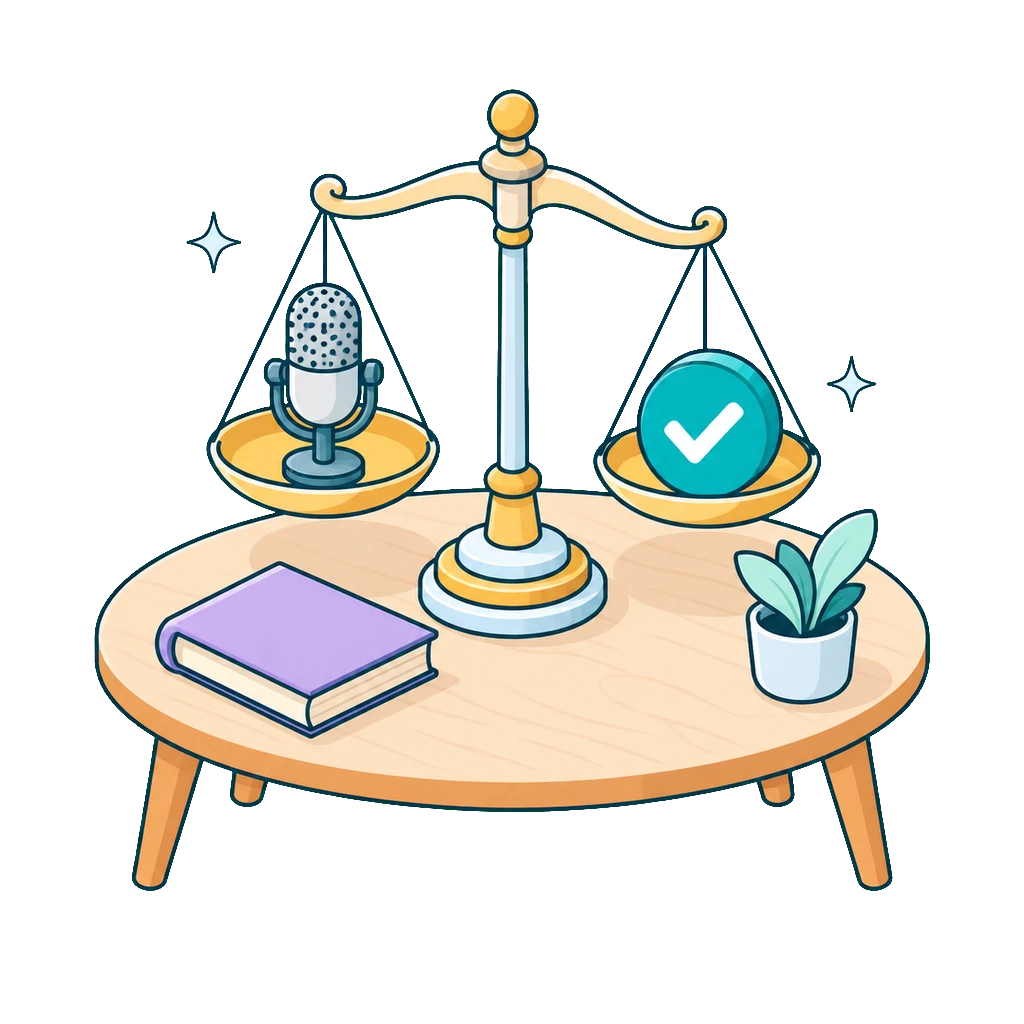 Balance scale on a table with a microphone on one side and a check mark on the other, a book beside it
