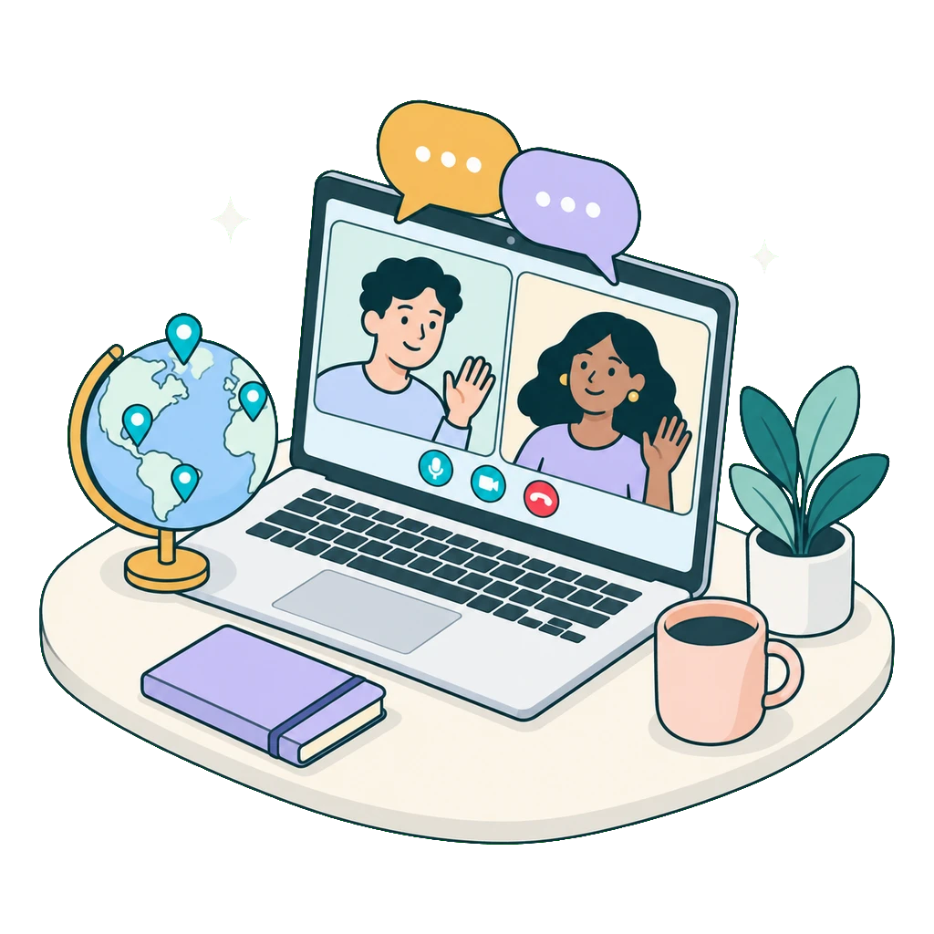 Laptop with two people in a video call, a globe with pins and two speech bubbles