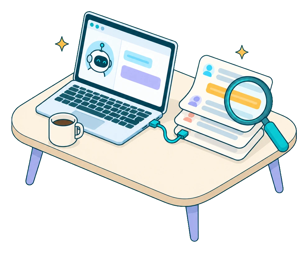 Laptop with an AI assistant chat, cabled to a stack of transcripts under a magnifying glass