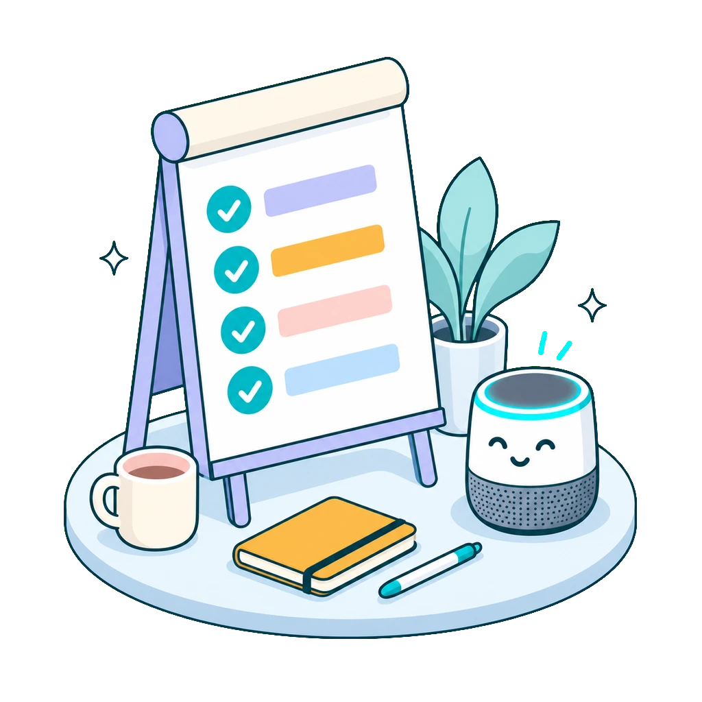 Flip chart with a checked agenda beside a friendly assistant device