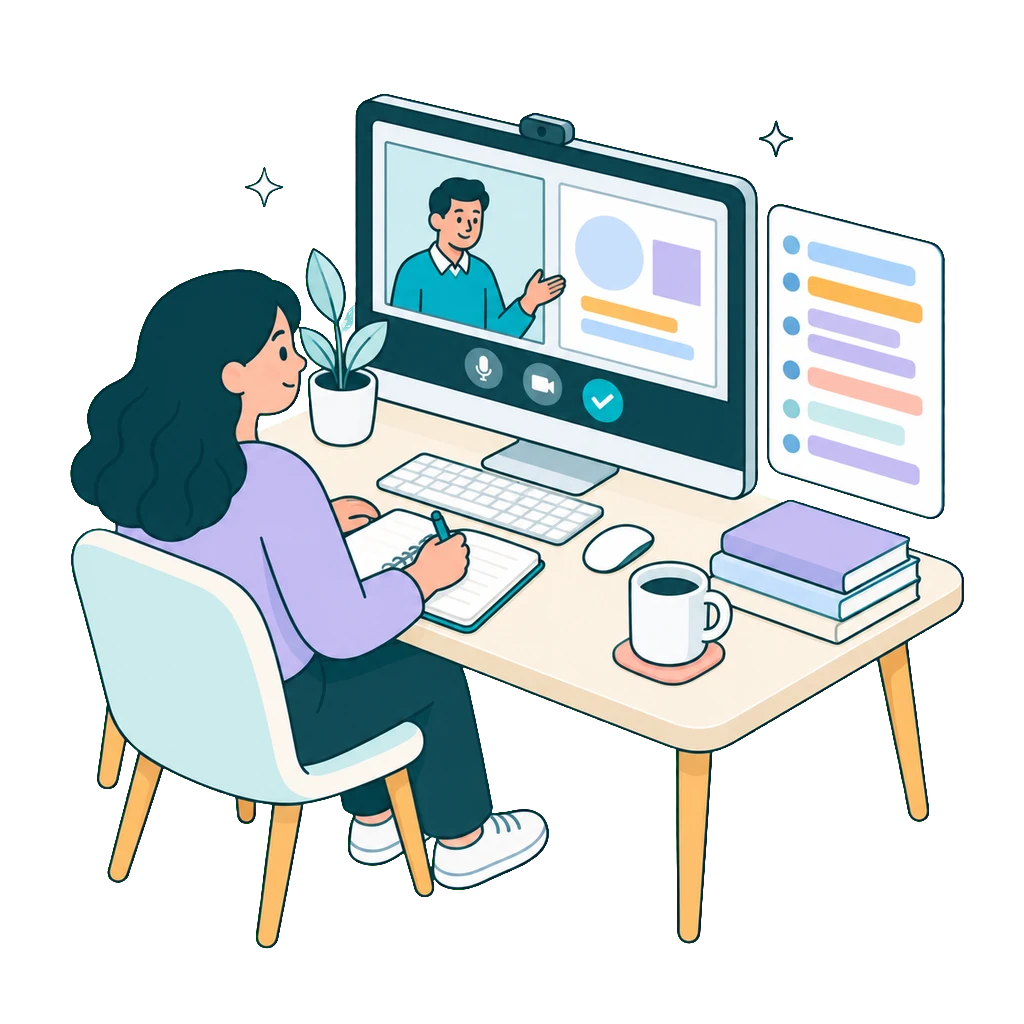 Person schaut ein Webinar am Monitor und schreibt mit, daneben ein Transkript