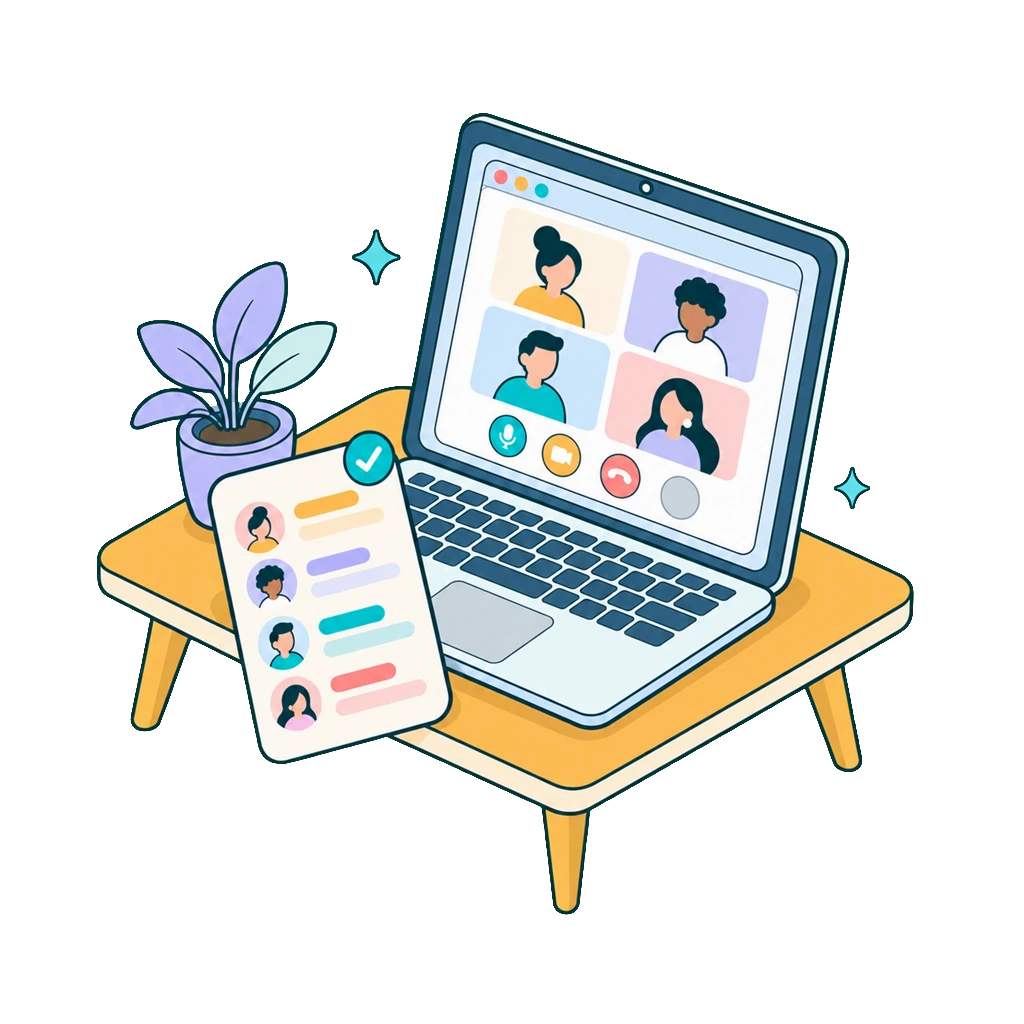 Isometric illustration of a browser video call whose toolbar is missing a button, with a transcript card