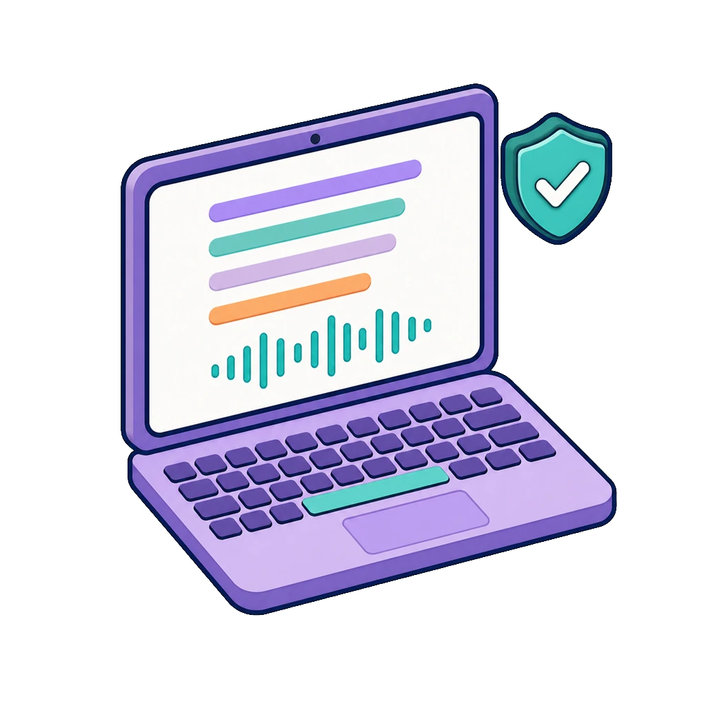 Soft-isometric laptop showing a transcript with a small shield badge