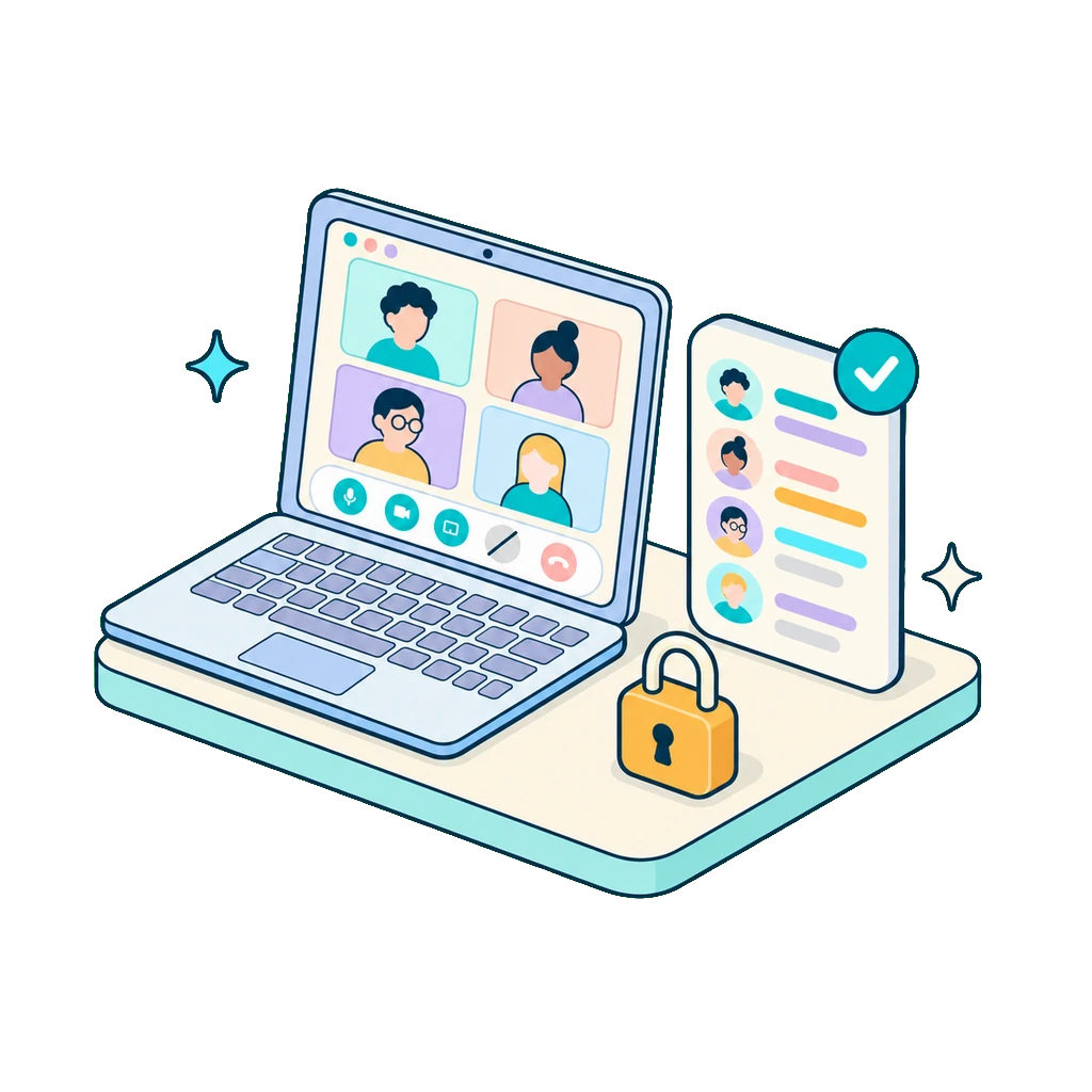 Isometric illustration of a video call with a disabled toolbar button, a padlock and a transcript card