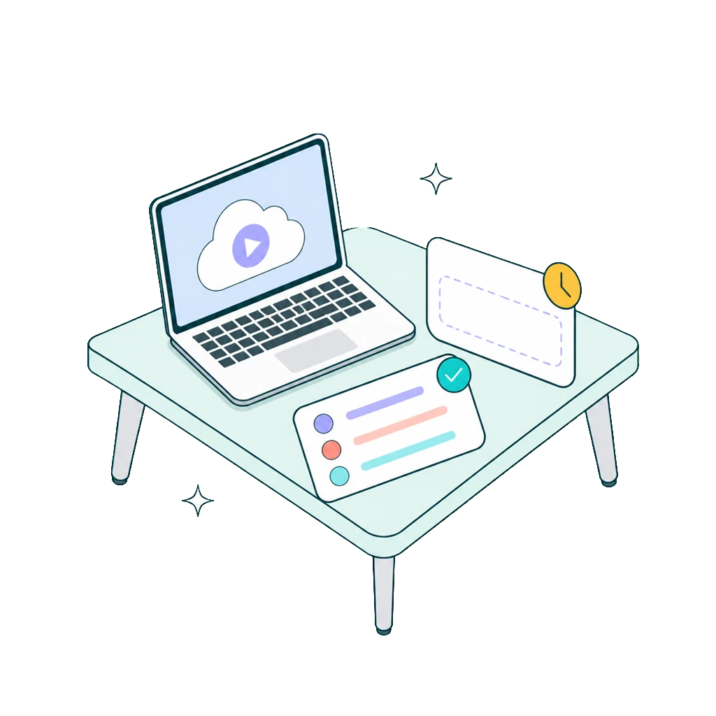 Isometric illustration of a cloud recording next to an empty transcript card and a completed one