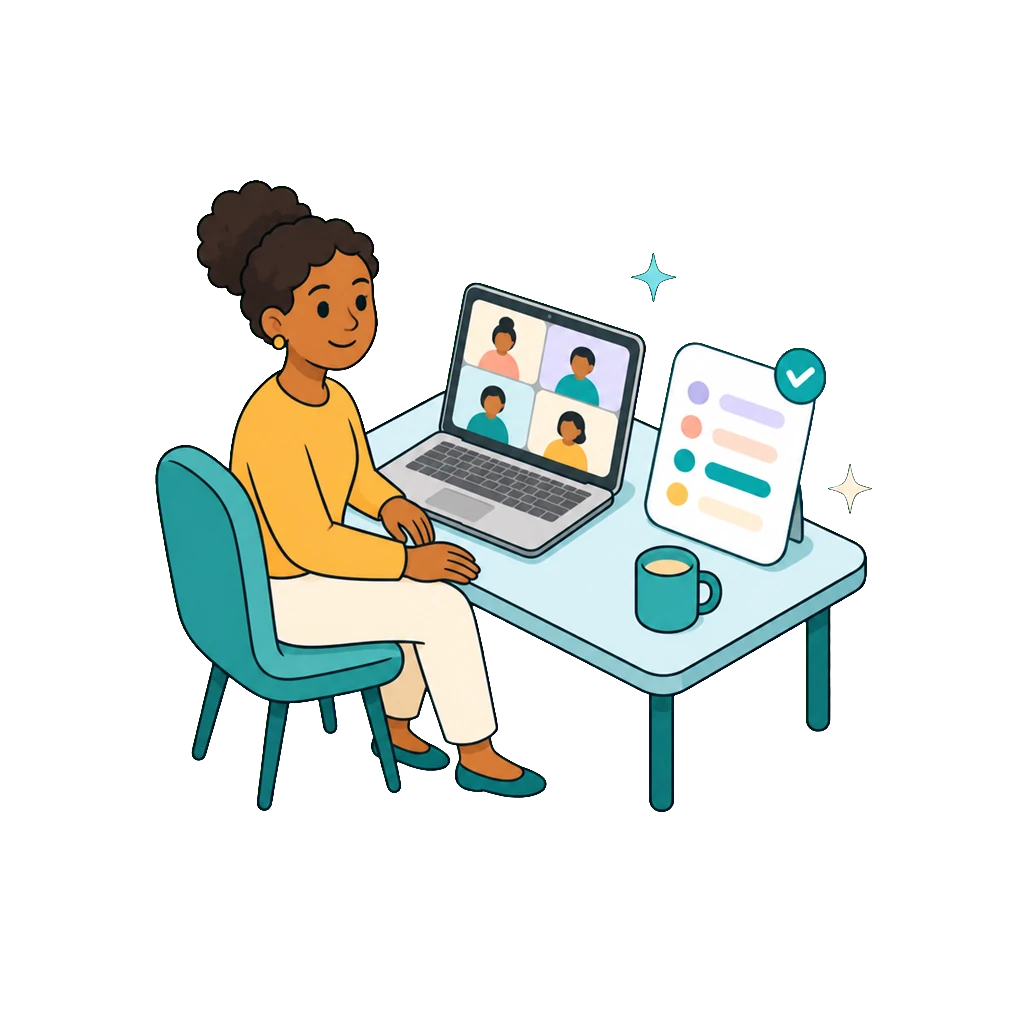 Isometric illustration of a meeting participant at a laptop with a live transcript card beside it