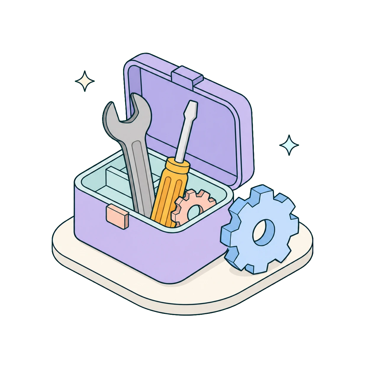 Isometric toolbox with a wrench, a screwdriver and gears