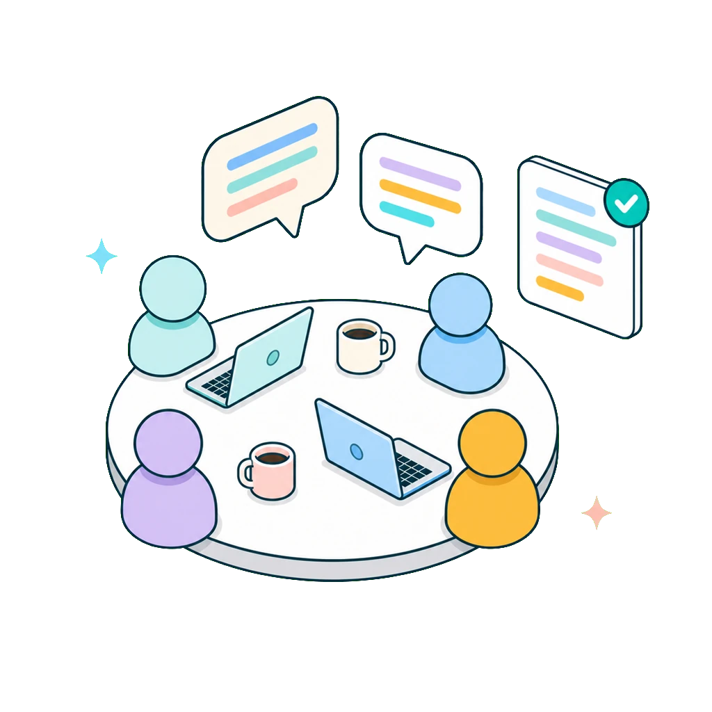 Illustration of a team meeting around a shared table with live transcript cards