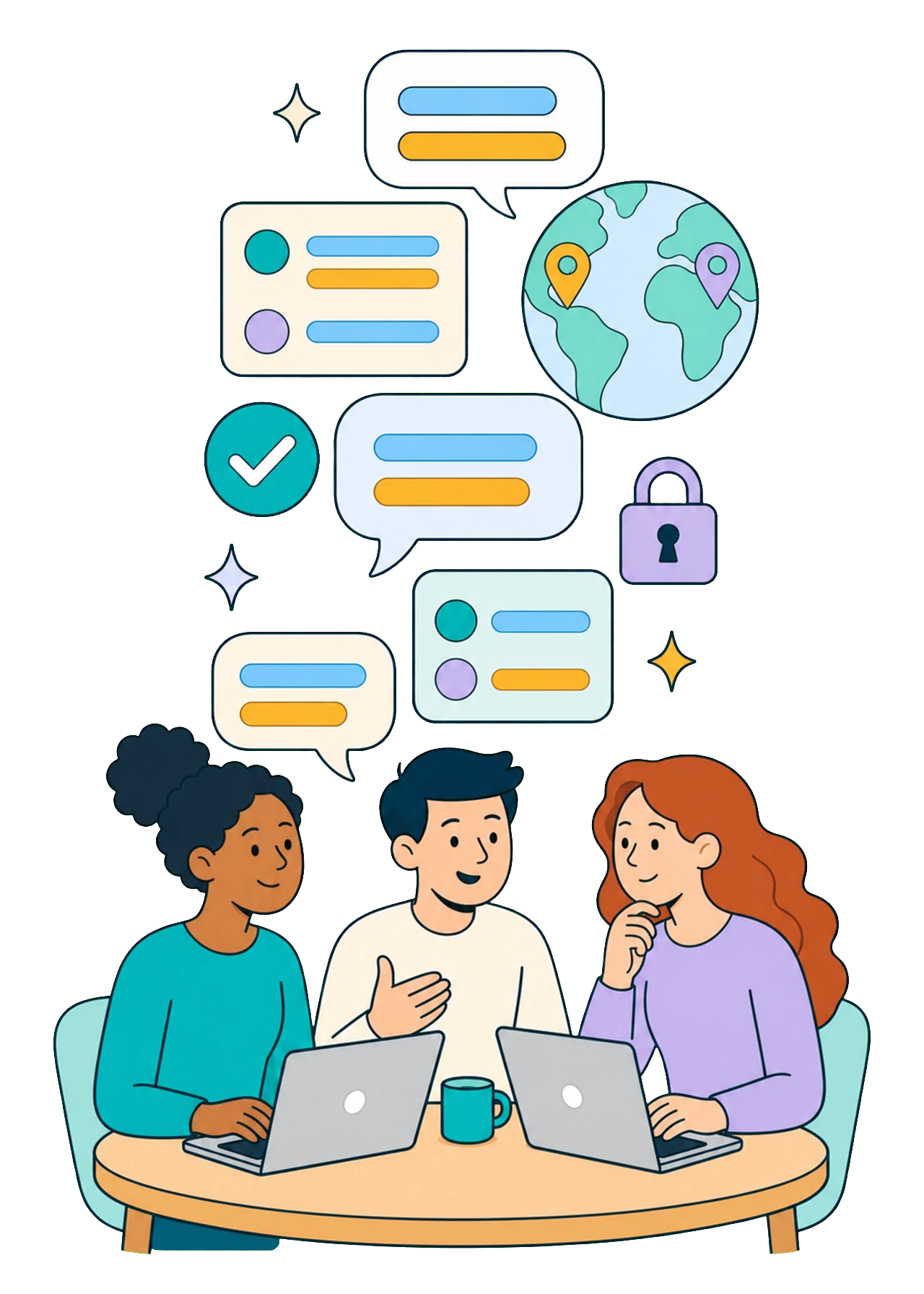 A team talking while their conversation is captured live: speech bubbles, transcript notes, live translation and privacy rising into a real-time transcript