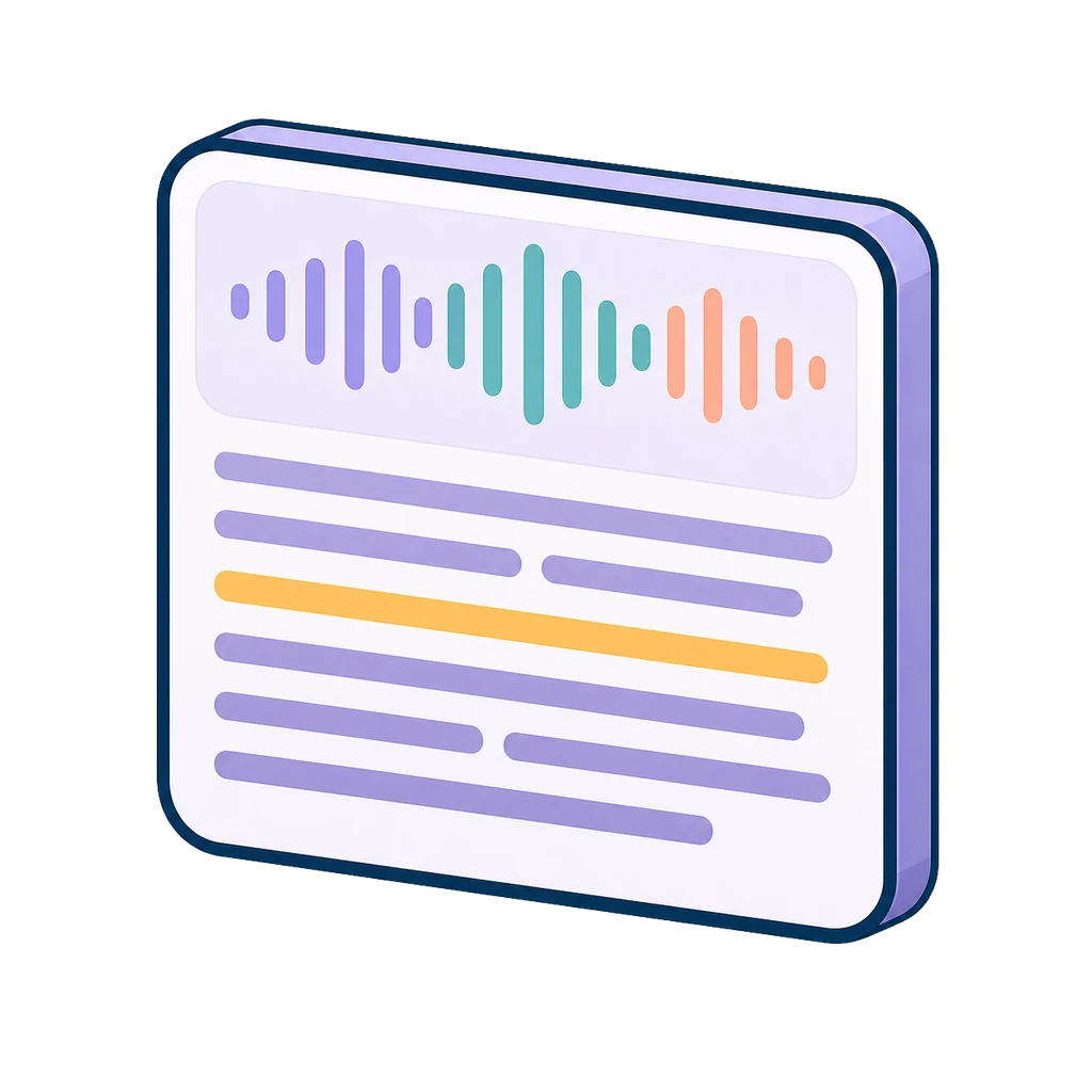 Soft-isometric transcript card with an audio waveform