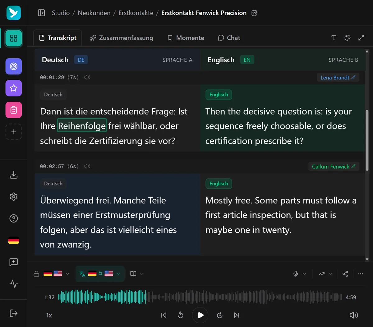Kalima Studio: Transkript eines Verkaufsgesprächs mit benannten Sprechern, links das deutsche Original, rechts die englische Übersetzung.