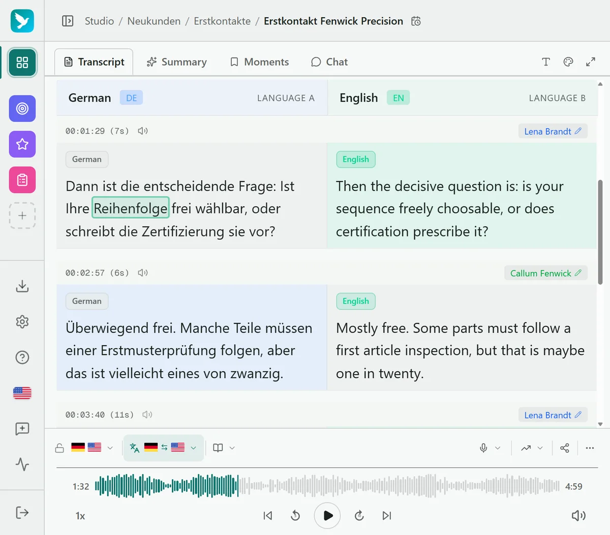 Kalima Studio: a sales call transcript with named speakers, the German original on the left and the English translation on the right.
