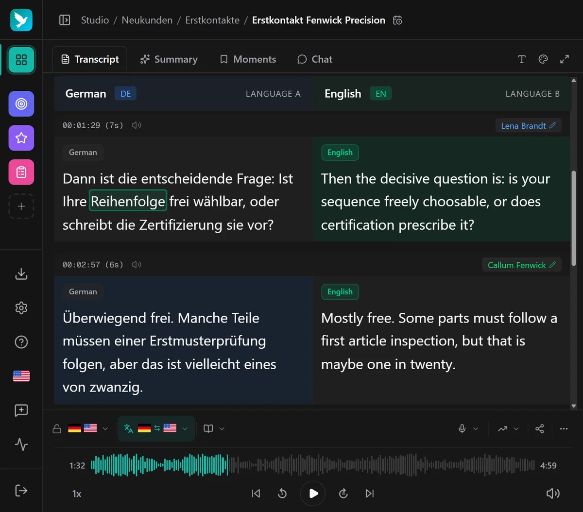 Kalima Studio: a sales call transcript with named speakers, the German original on the left and the English translation on the right.