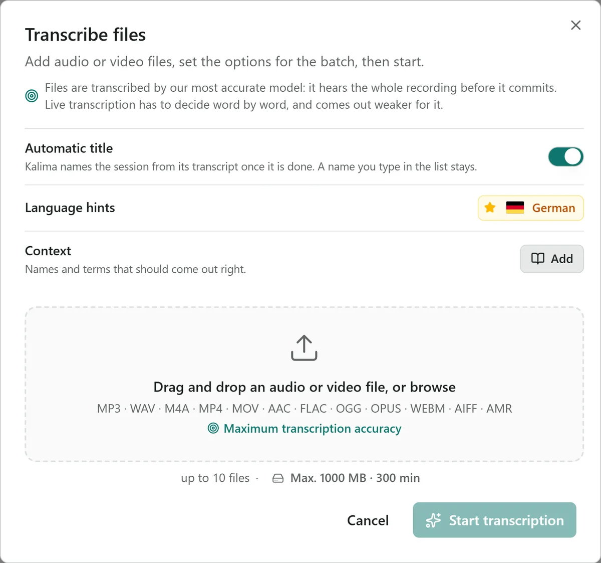 Kalima's Transcribe files dialog with automatic title, language hints, context and a drop zone for audio and video files.