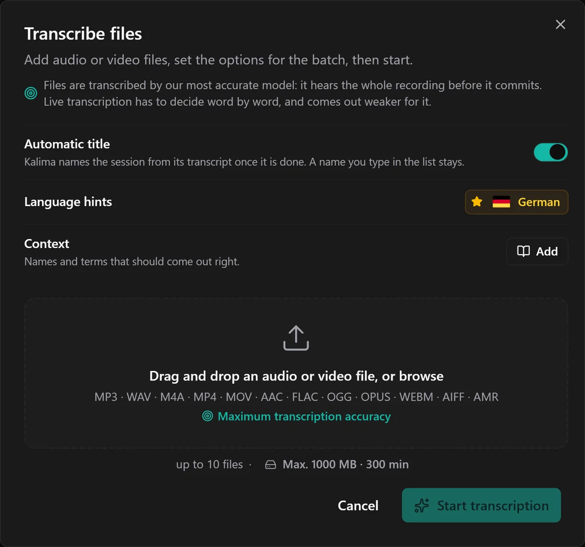Kalima's Transcribe files dialog with automatic title, language hints, context and a drop zone for audio and video files.